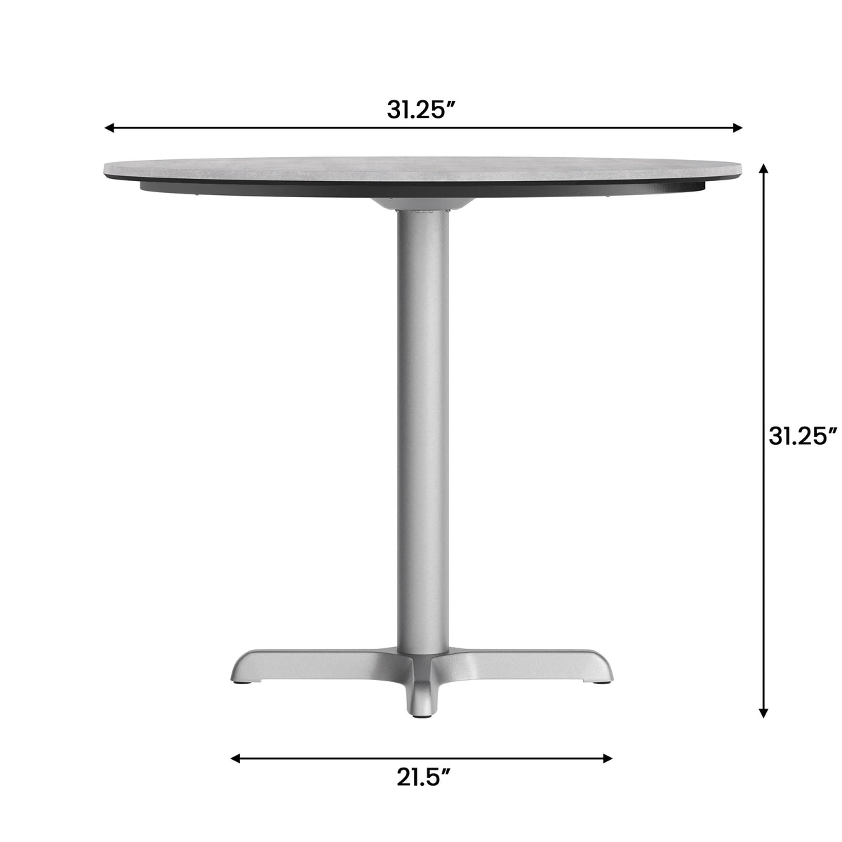 Gray Faux Concrete/Silver Base |#| Commercial All-Weather 31.25" Gray Faux Concrete HPL Tabletop with Silver X Base