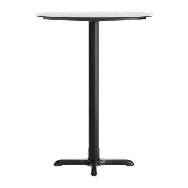 White Faux Marble/Black Base |#| Commercial 31.25" White Faux Marble HPL Tabletop with Black Bar Height X Base