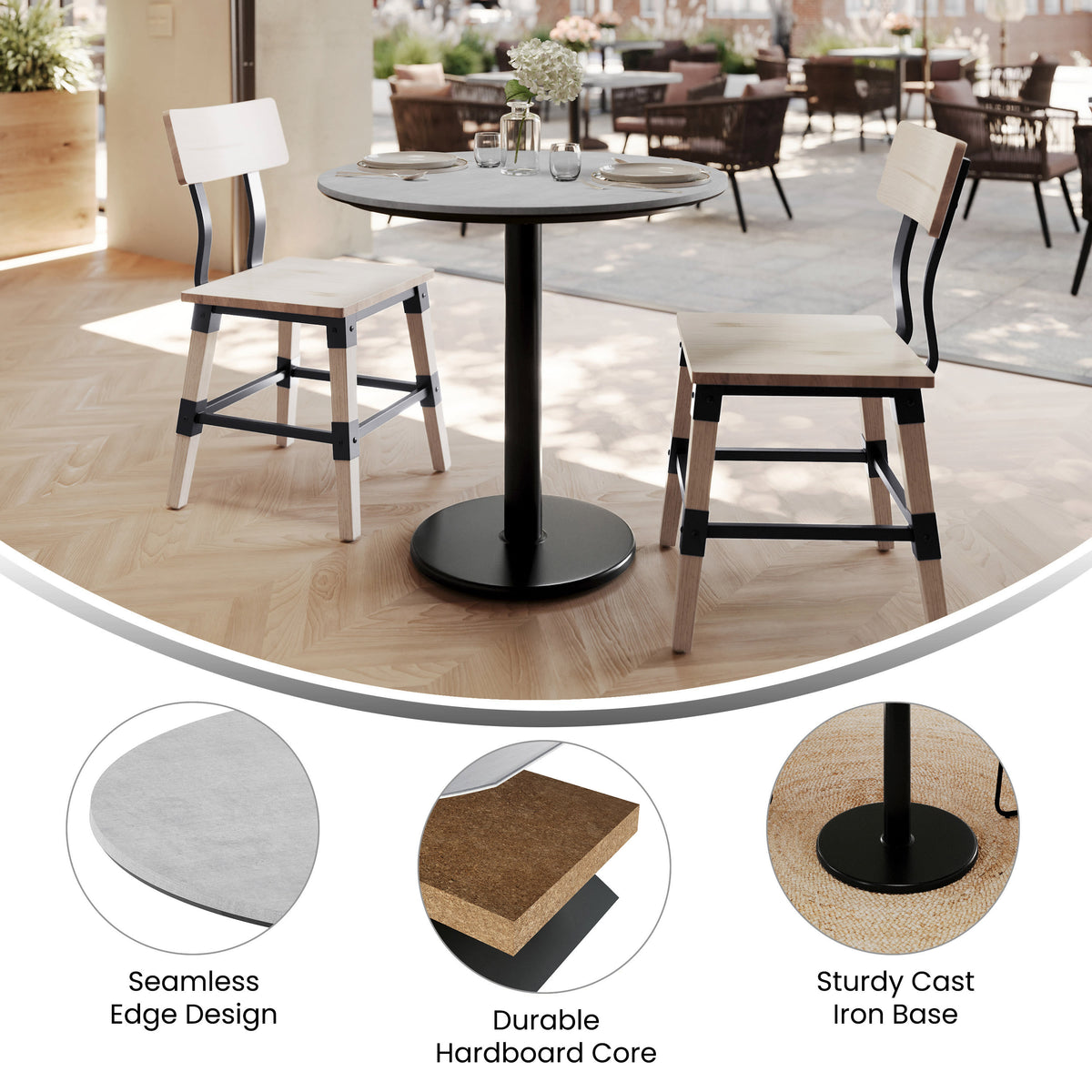 Gray Faux Concrete/Black Base |#| Commercial 31.25" Gray Faux Concrete HPL Tabletop - Black Table Height RD Base