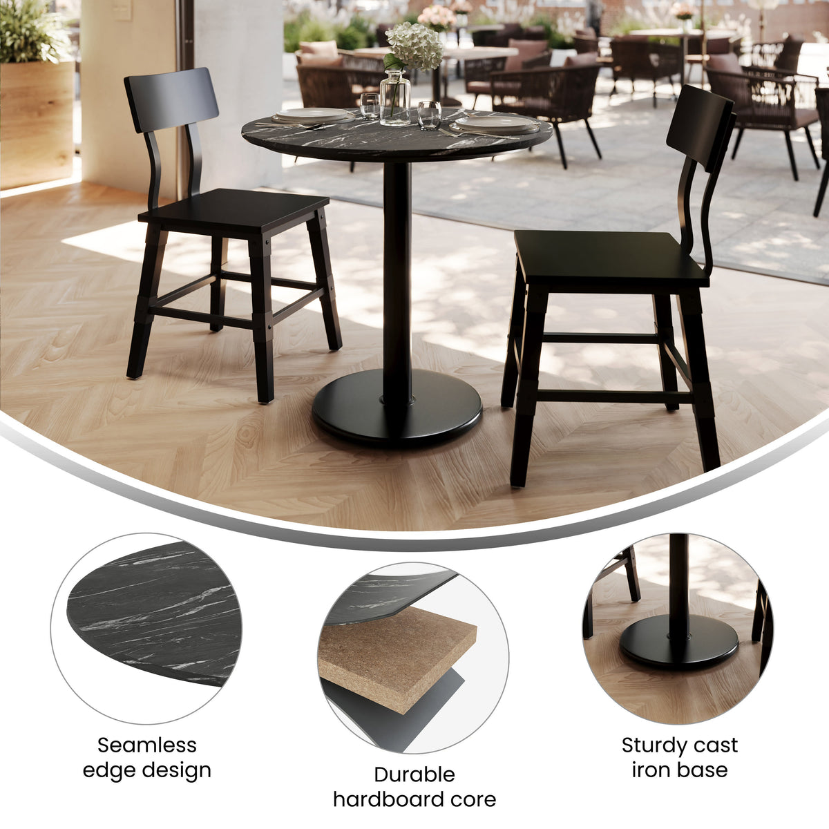 Black Faux Marble/Black Base |#| Commercial 31.25" Black Faux Marble HPL Tabletop with Black Table Height RD Base