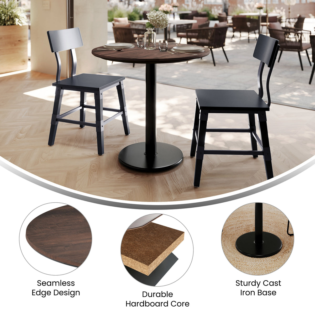 Dark Brown/Black Base |#| Commercial 31.25" Dark Brown HPL Tabletop with Black Table Height RD Base
