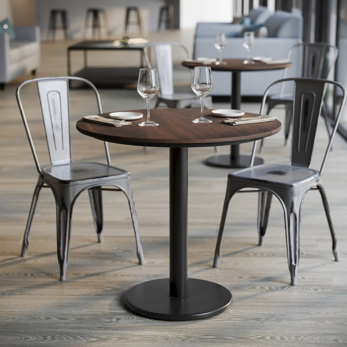 Dark Brown/Black Base |#| Commercial 31.25" Dark Brown HPL Tabletop with Black Table Height RD Base