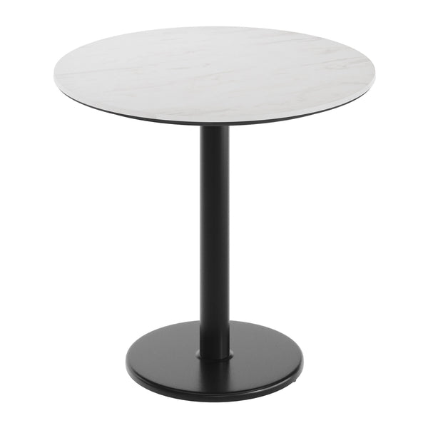 White Faux Marble/Black Base |#| Commercial 31.25" White Faux Marble HPL Tabletop with Black Table Height RD Base