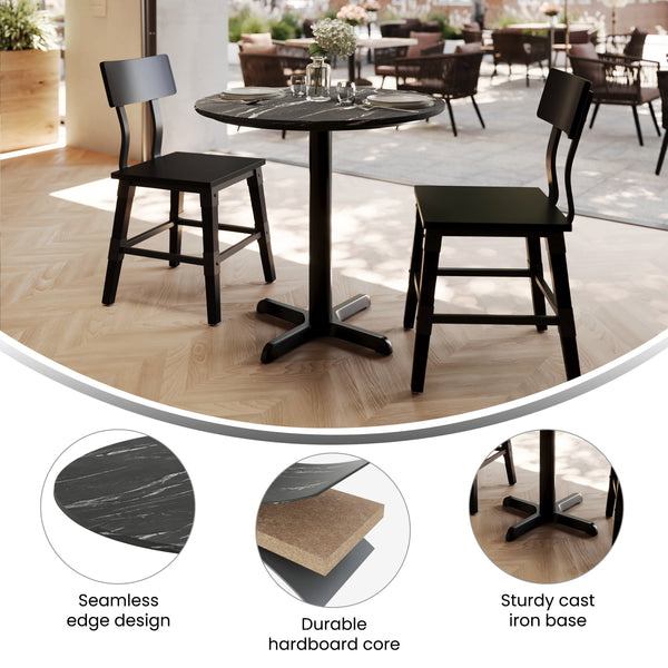 Black Faux Marble/Black Base |#| Commercial 31.25" Black Faux Marble HPL Tabletop with Black Table Height X Base