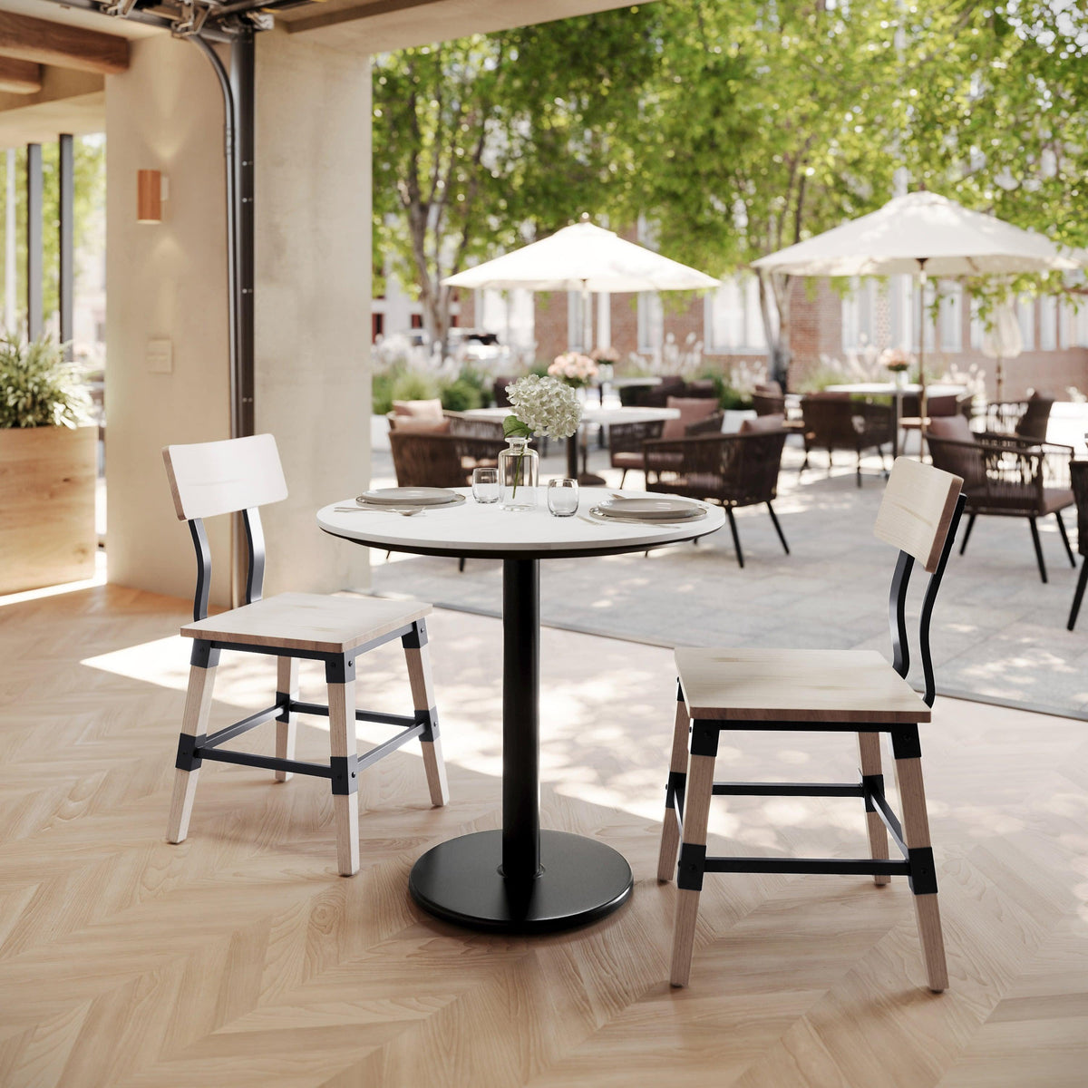White Faux Marble/Black Base |#| Commercial 31.25" White Faux Marble HPL Tabletop with Black Table Height RD Base