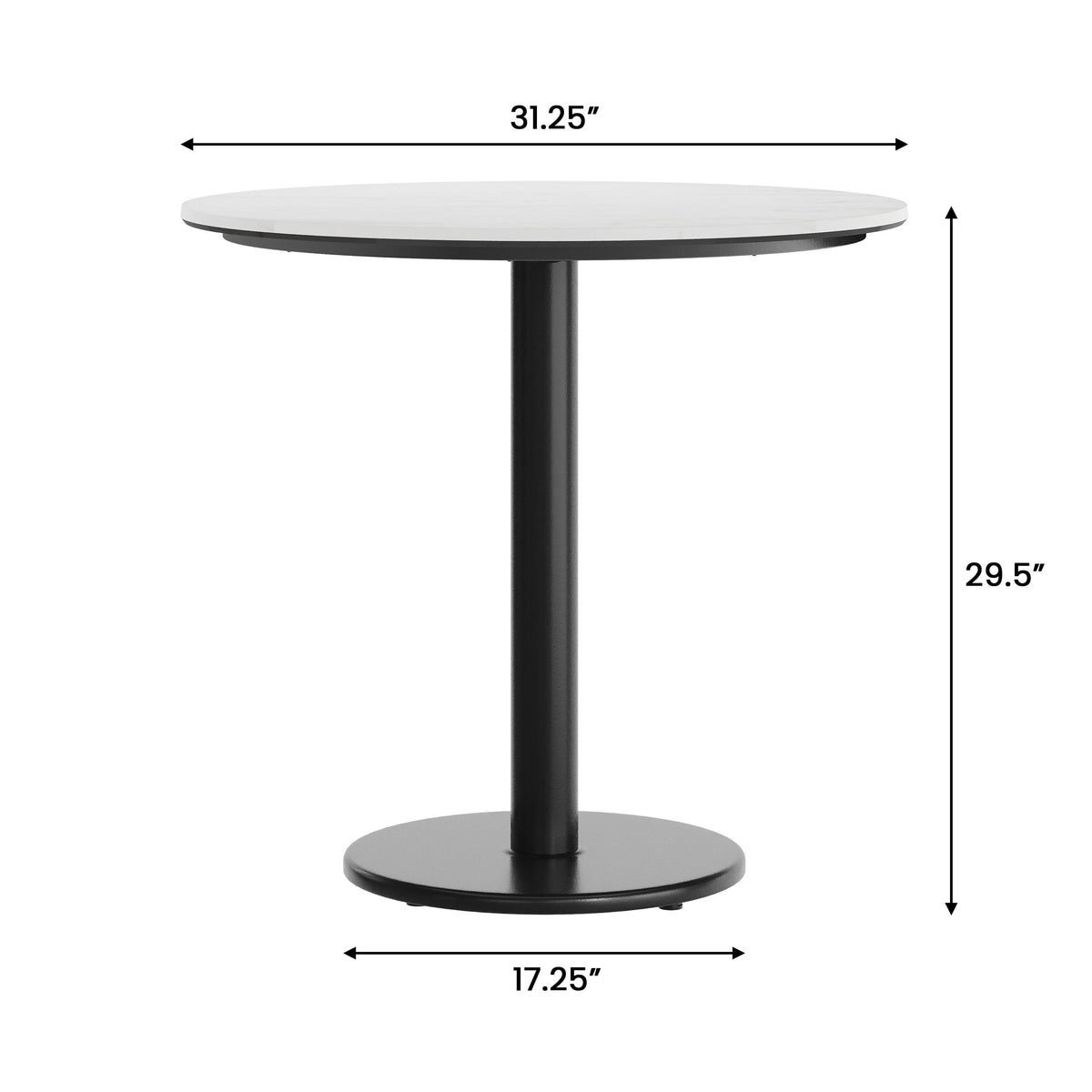 White Faux Marble/Black Base |#| Commercial 31.25" White Faux Marble HPL Tabletop with Black Table Height RD Base