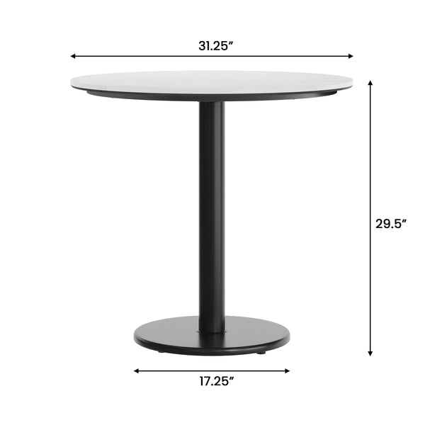 White Faux Marble/Black Base |#| Commercial 31.25" White Faux Marble HPL Tabletop with Black Table Height RD Base
