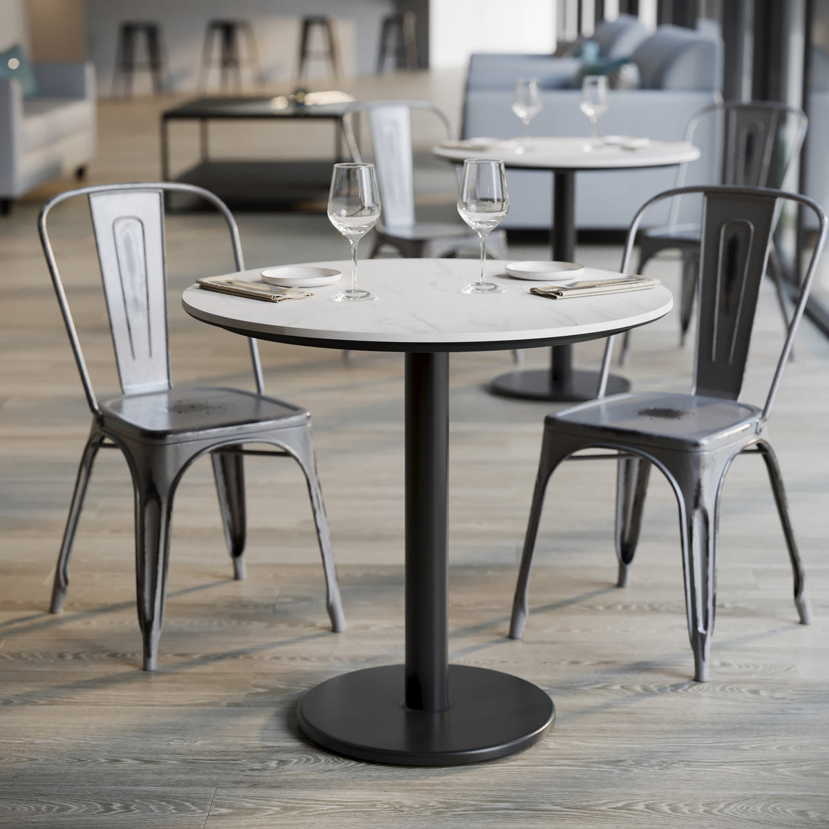 White Faux Marble/Black Base |#| Commercial 31.25" White Faux Marble HPL Tabletop with Black Table Height RD Base