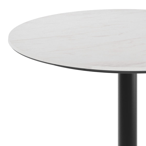 White Faux Marble/Black Base |#| Commercial 31.25" White Faux Marble HPL Tabletop with Black Table Height RD Base