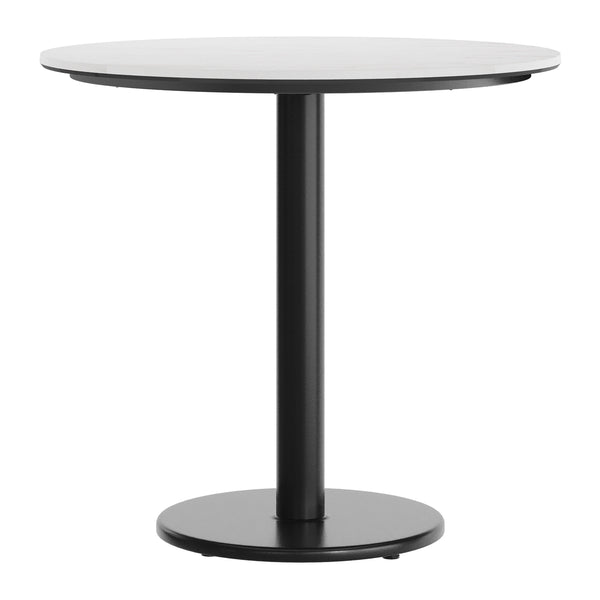 White Faux Marble/Black Base |#| Commercial 31.25" White Faux Marble HPL Tabletop with Black Table Height RD Base
