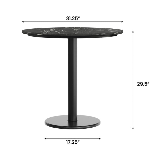 Black Faux Marble/Black Base |#| Commercial 31.25" Black Faux Marble HPL Tabletop with Black Table Height RD Base