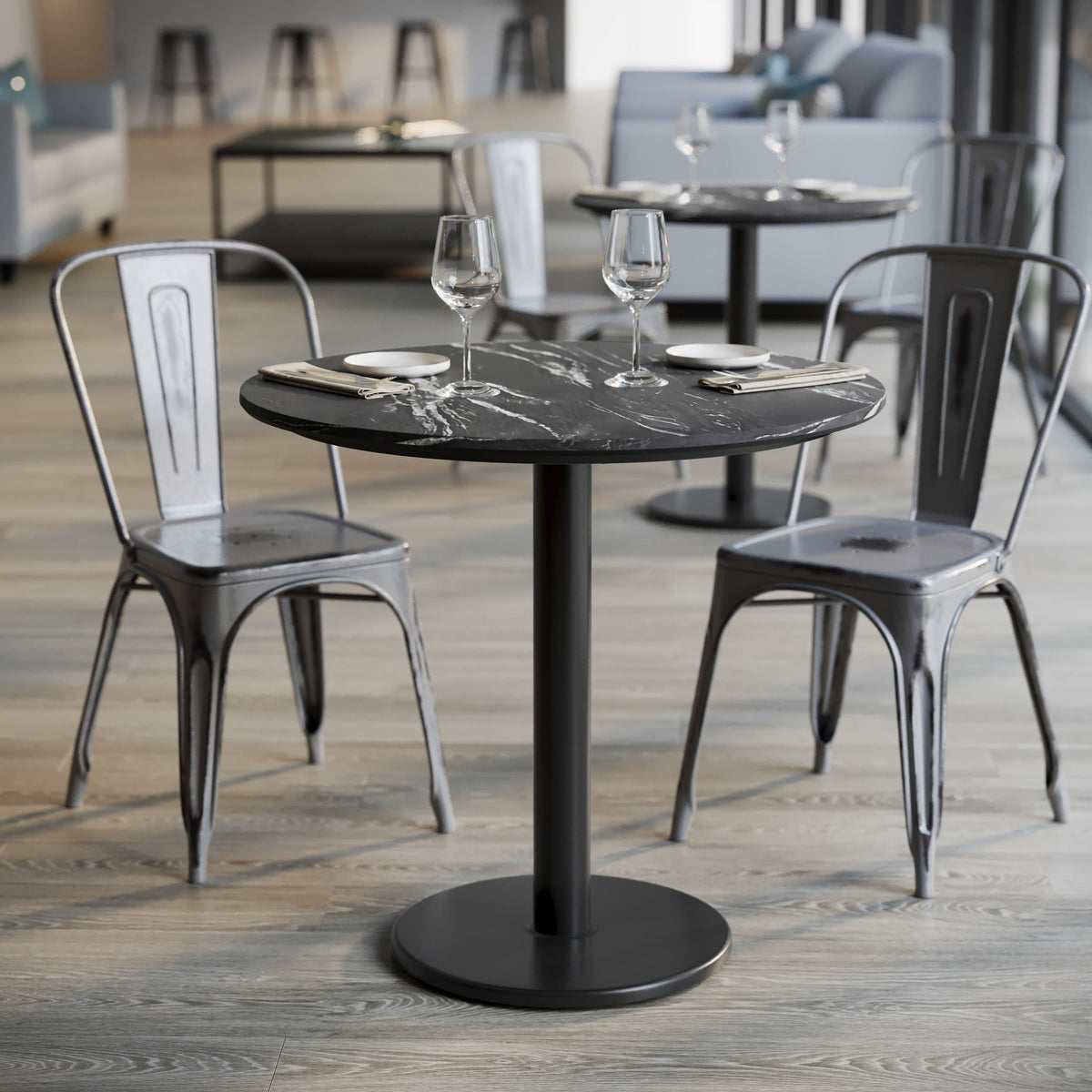 Black Faux Marble/Black Base |#| Commercial 31.25" Black Faux Marble HPL Tabletop with Black Table Height RD Base