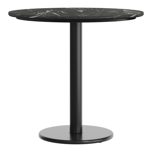Black Faux Marble/Black Base |#| Commercial 31.25" Black Faux Marble HPL Tabletop with Black Table Height RD Base