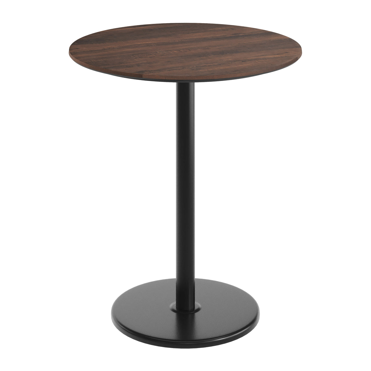 Dark Brown/Black Base |#| Commercial 36" RD Dark Brown HPL Tabletop with Black Bar Height RD Base