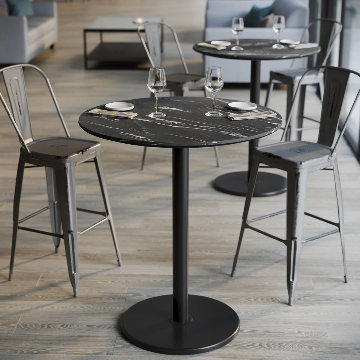 Black Faux Marble/Black Base |#| Commercial 36" Black Faux Marble HPL Tabletop with Black Bar Height RD Base