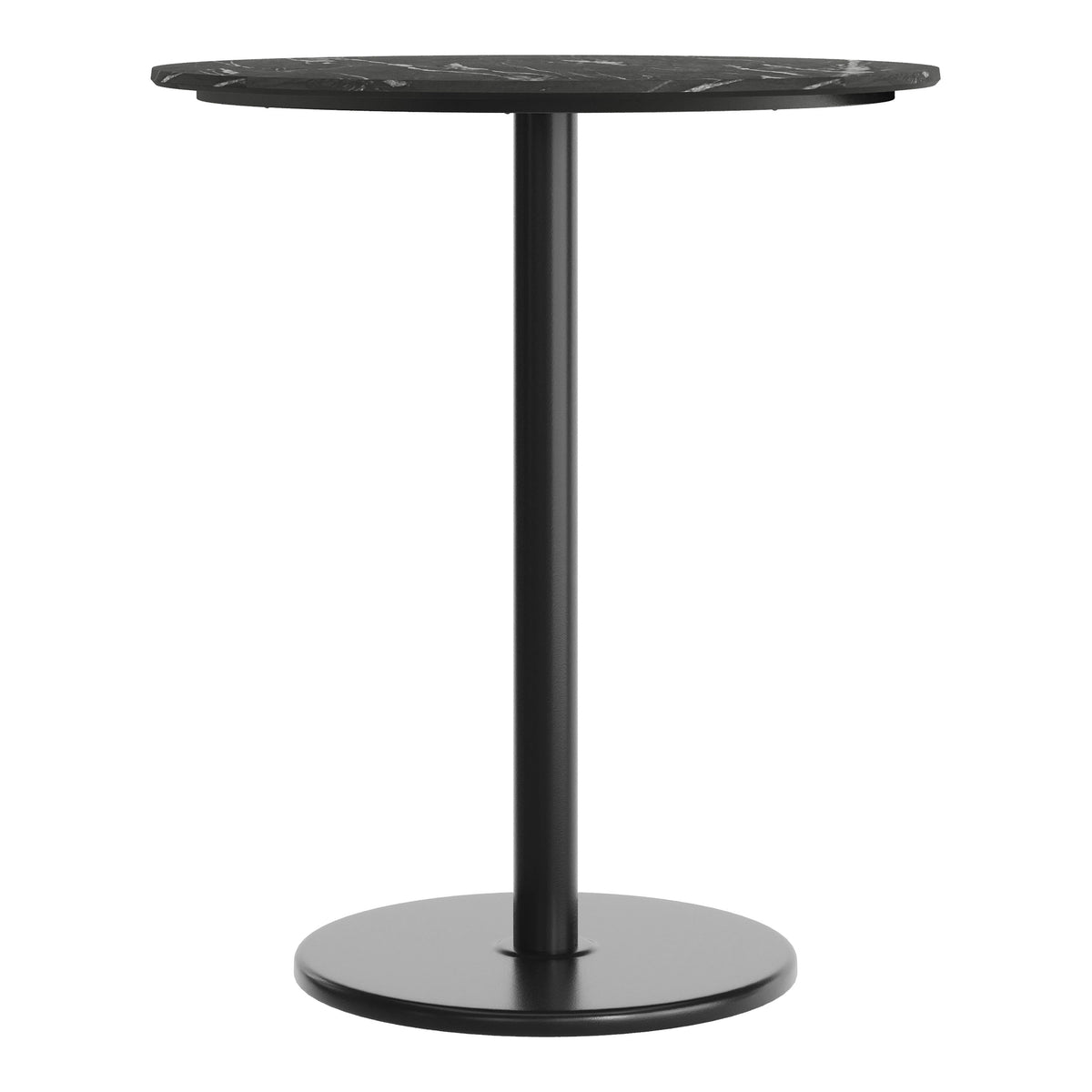 Black Faux Marble/Black Base |#| Commercial 36" Black Faux Marble HPL Tabletop with Black Bar Height RD Base