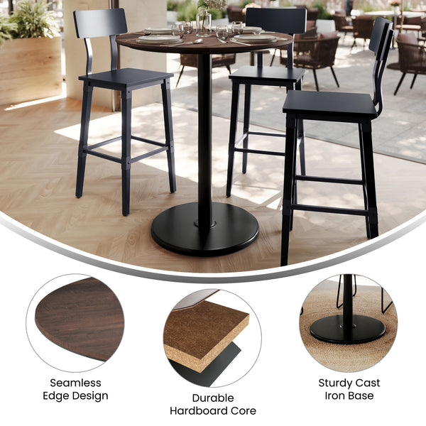 Dark Brown/Black Base |#| Commercial 36" RD Dark Brown HPL Tabletop with Black Bar Height RD Base