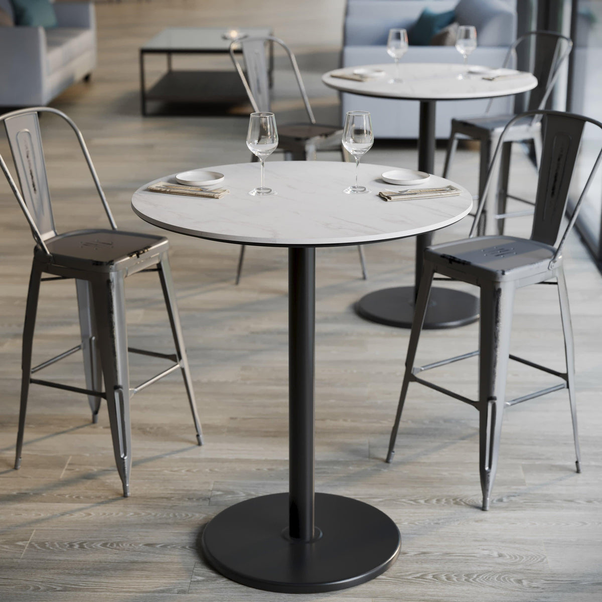 White Faux Marble/Black Base |#| Commercial 36" White Faux Marble HPL Tabletop with Black Bar Height RD Base
