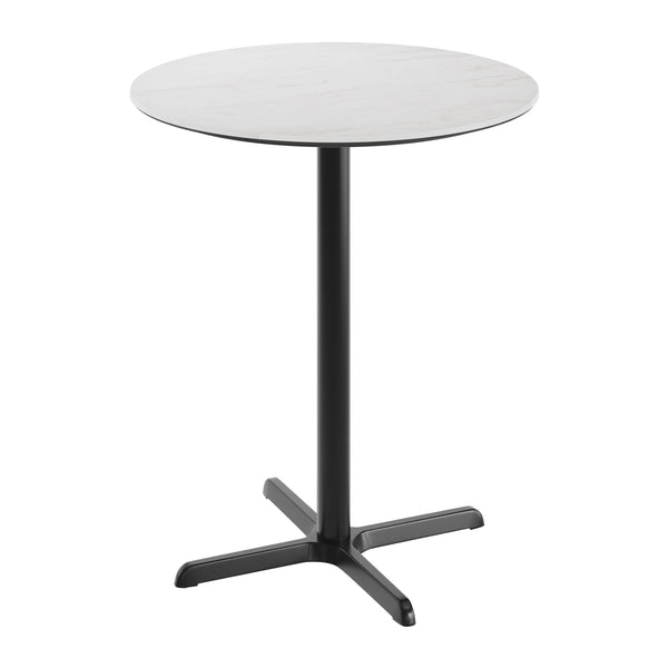 White Faux Marble/Black Base |#| Commercial 31.5" White Faux Marble HPL Tabletop - Black Bar Height X Base