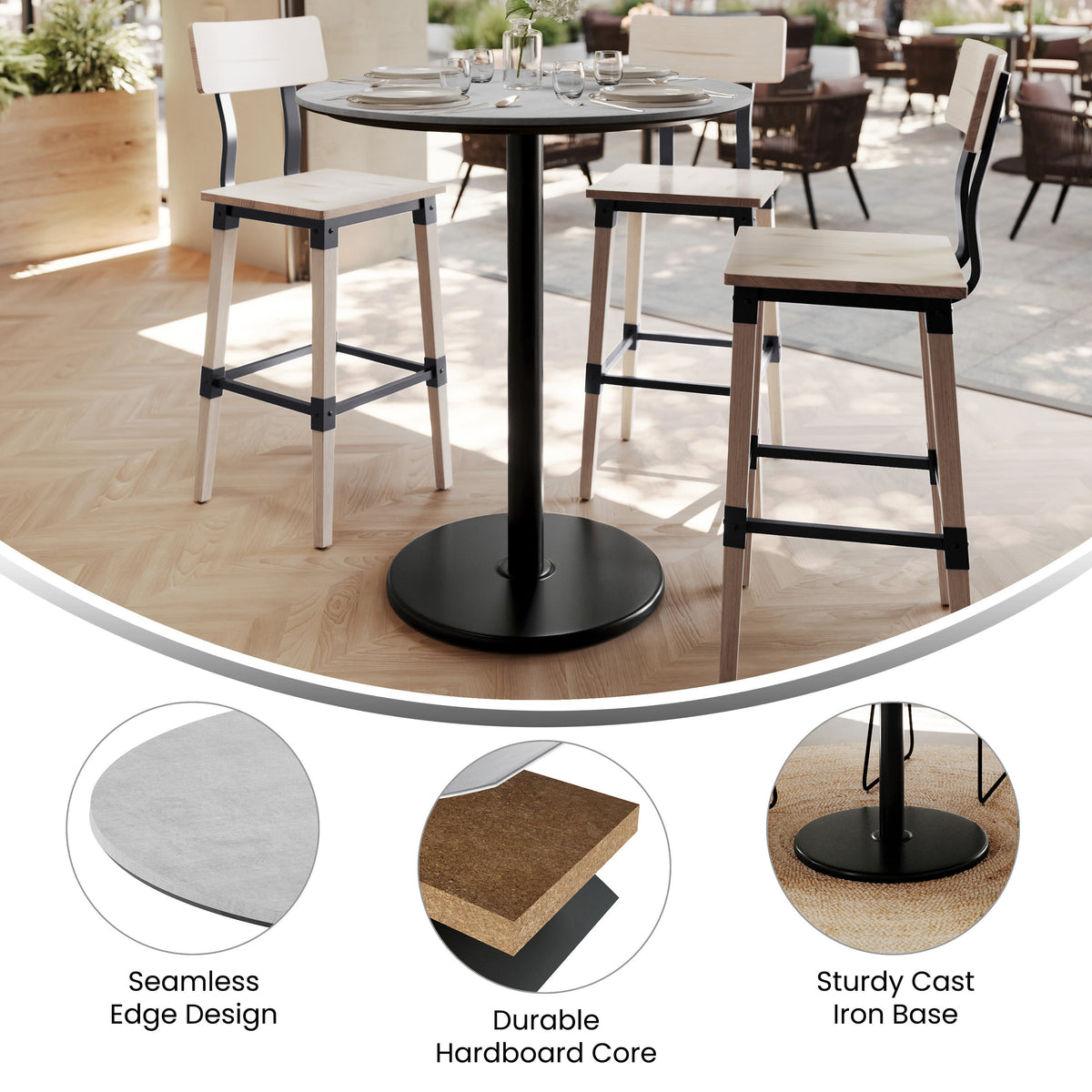 Gray Faux Concrete/Black Base |#| Commercial 36" RD Gray Faux Concrete HPL Tabletop with Black Bar Height RD Base