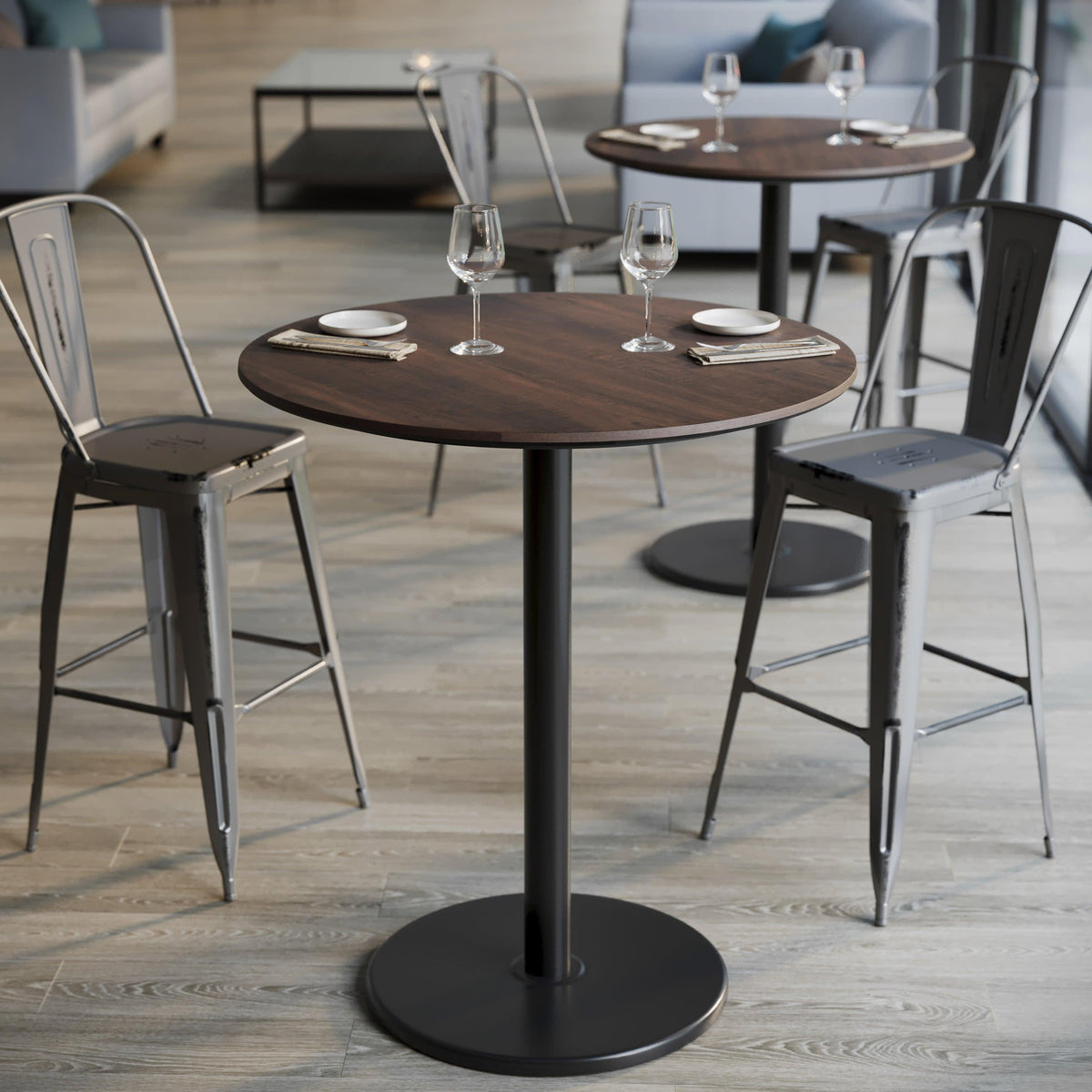 Dark Brown/Black Base |#| Commercial 36" RD Dark Brown HPL Tabletop with Black Bar Height RD Base