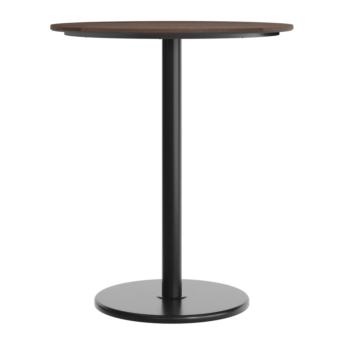Dark Brown/Black Base |#| Commercial 36" RD Dark Brown HPL Tabletop with Black Bar Height RD Base