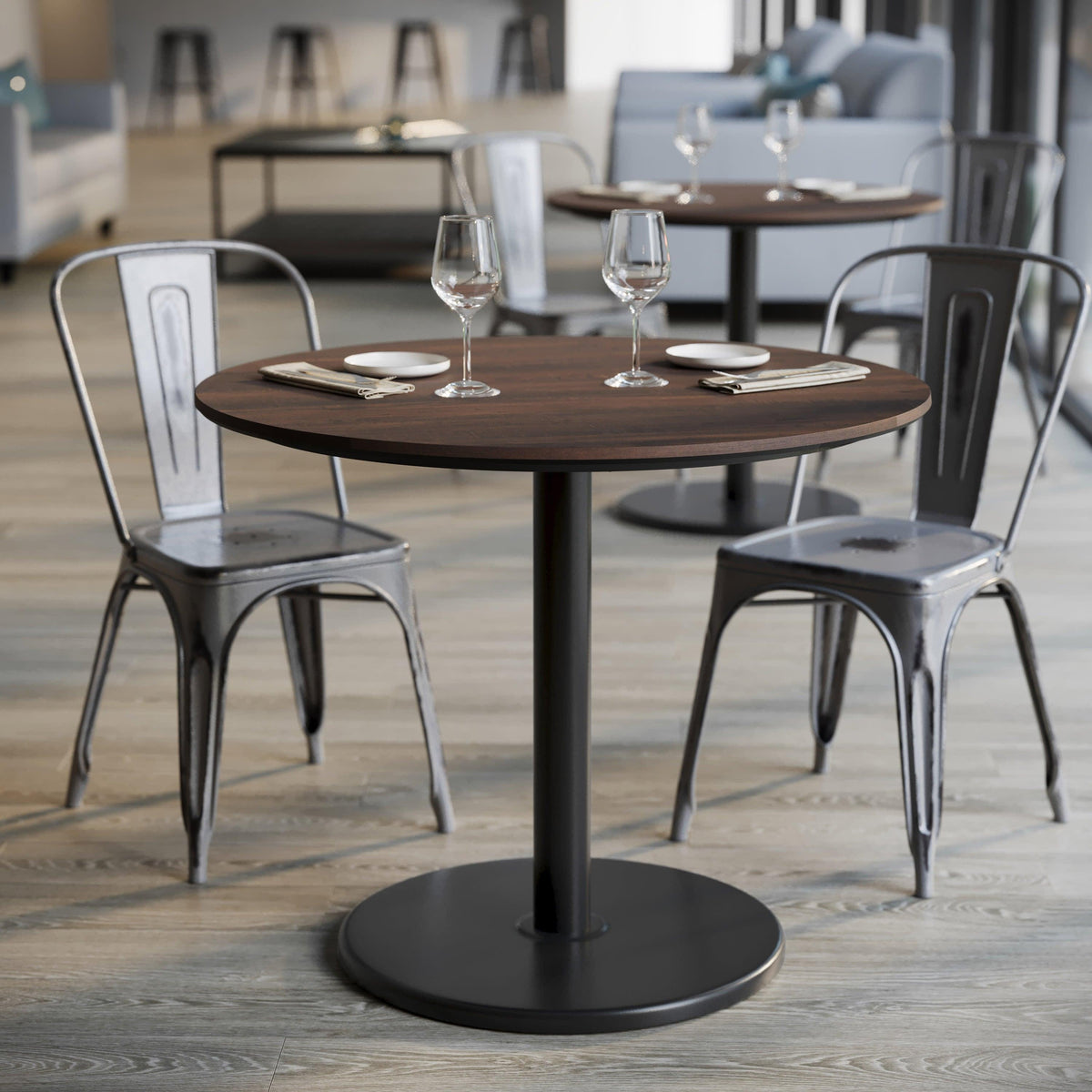 Dark Brown/Black Base |#| Commercial 36" RD Dark Brown HPL Tabletop with Black Table Height RD Base