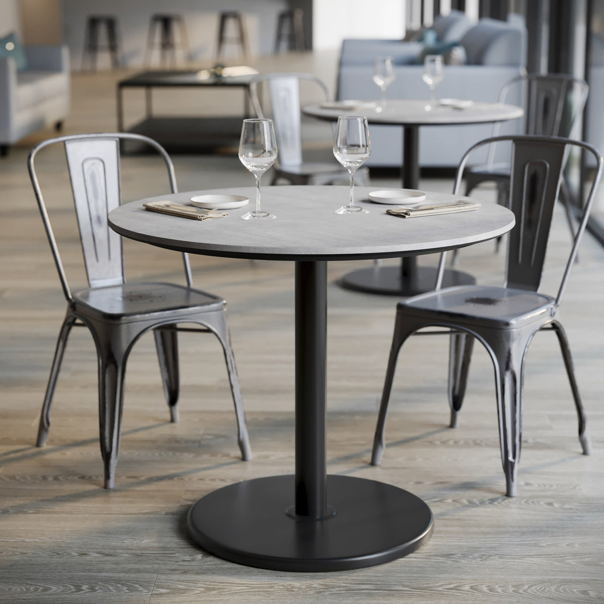 Gray Faux Concrete/Black Base |#| Commercial 36" RD Gray Faux Concrete HPL Tabletop-Black Table Height RD Base