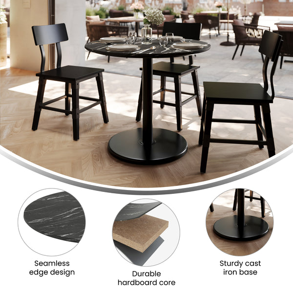 Black Faux Marble/Black Base |#| Commercial 36" Black Faux Marble HPL Tabletop with Black Table Height RD Base