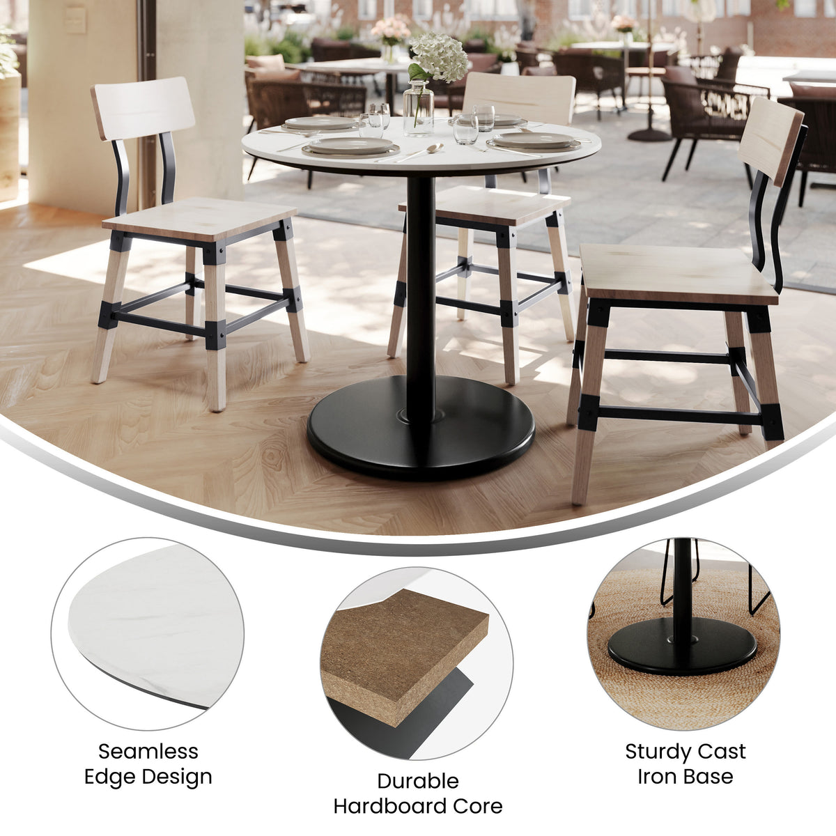 White Faux Marble/Black Base |#| Commercial 36" White Faux Marble HPL Tabletop with Black Table Height RD Base
