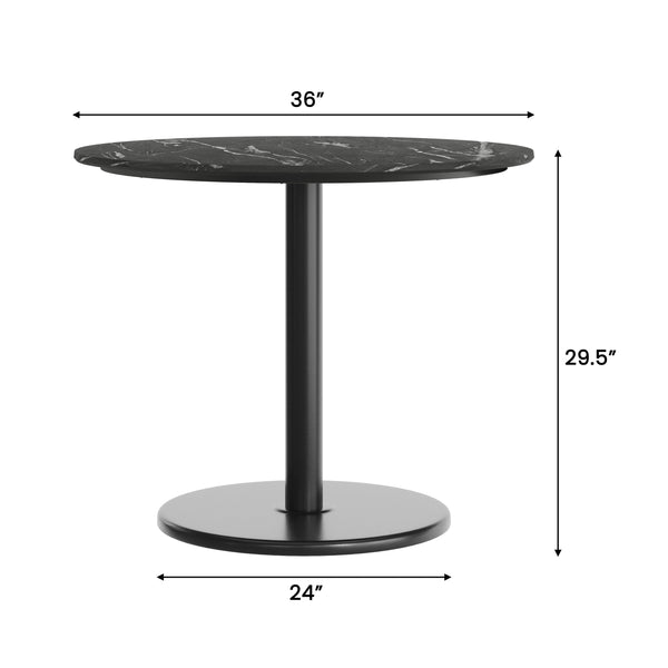 Black Faux Marble/Black Base |#| Commercial 36" Black Faux Marble HPL Tabletop with Black Table Height RD Base