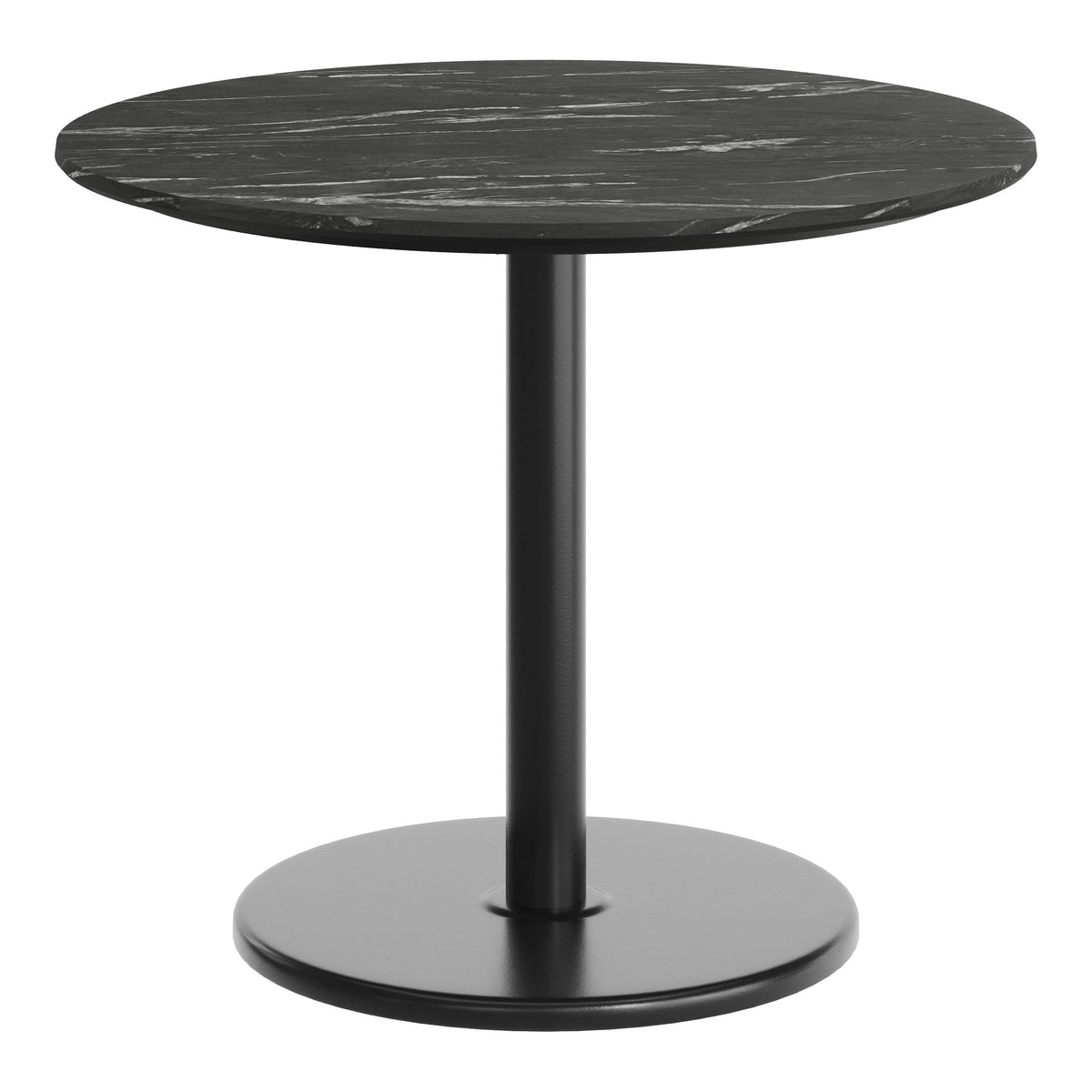 Black Faux Marble/Black Base |#| Commercial 36" Black Faux Marble HPL Tabletop with Black Table Height RD Base