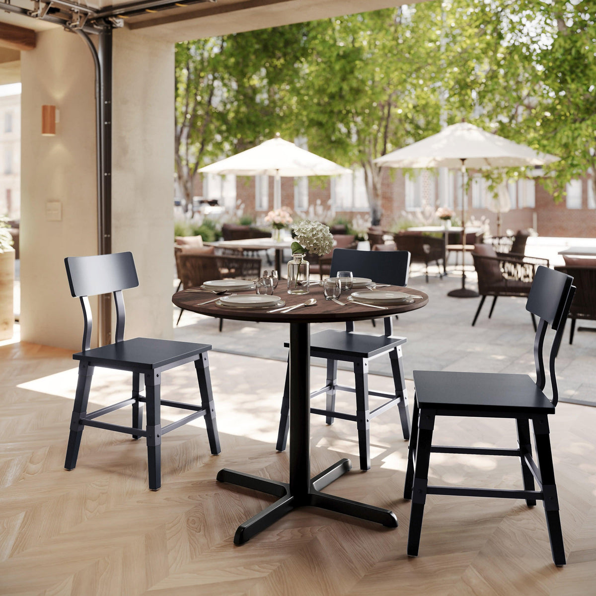 Dark Brown/Black Base |#| Commercial 31.5" Dark Brown HPL Tabletop with Black Table Height X Base