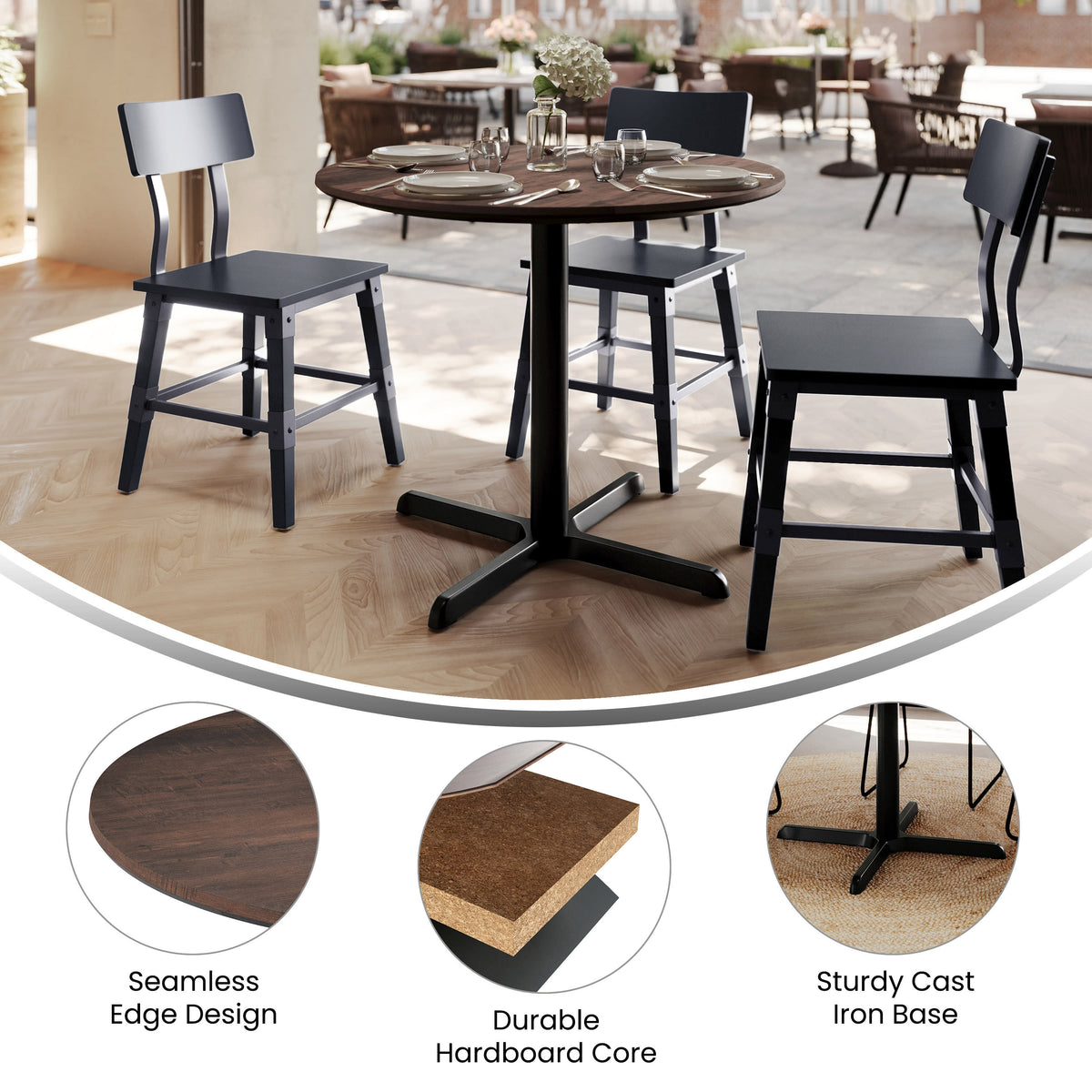 Dark Brown/Black Base |#| Commercial 31.5" Dark Brown HPL Tabletop with Black Table Height X Base