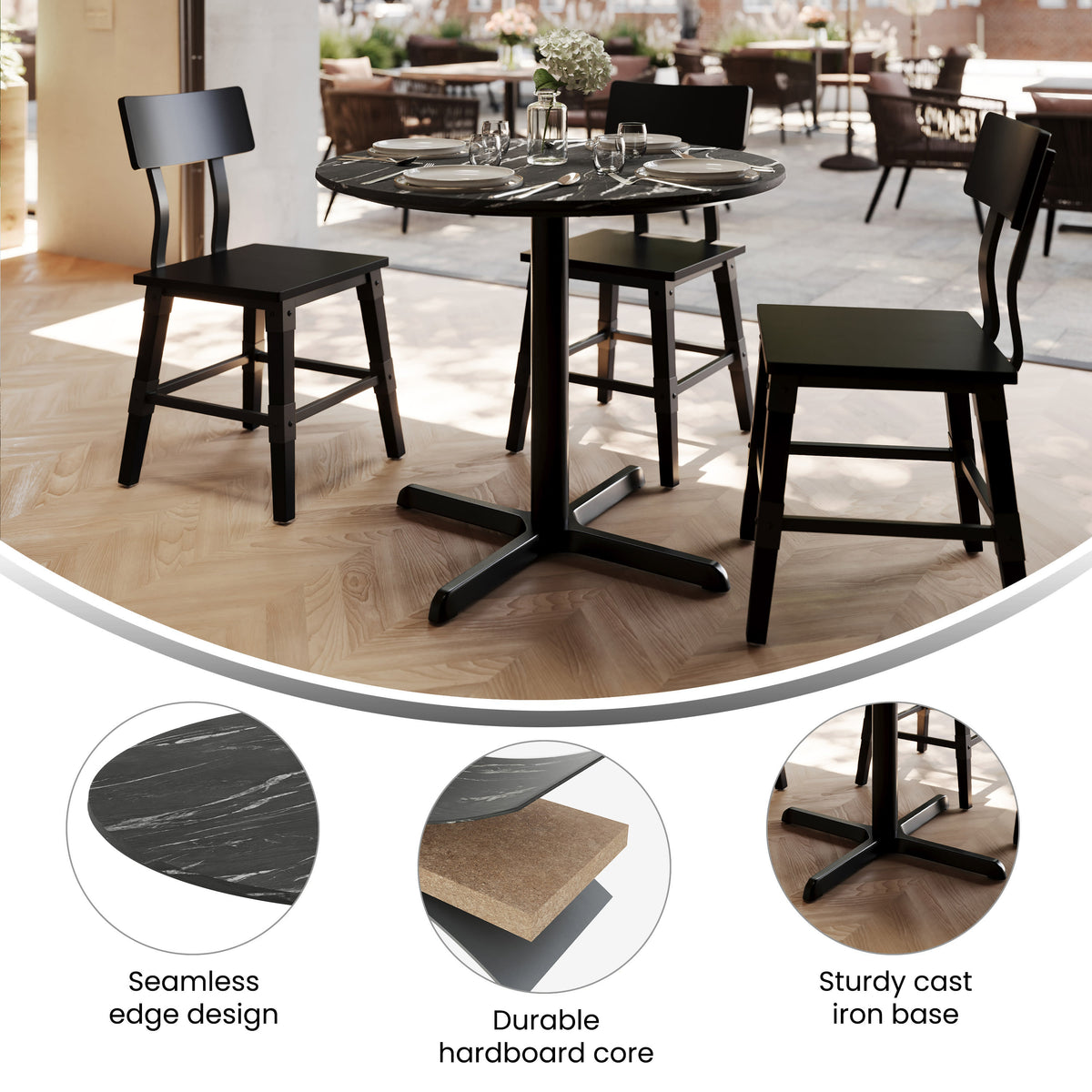Black Faux Marble/Black Base |#| Commercial 36" Black Faux Marble HPL Tabletop - Black Table Height X Base