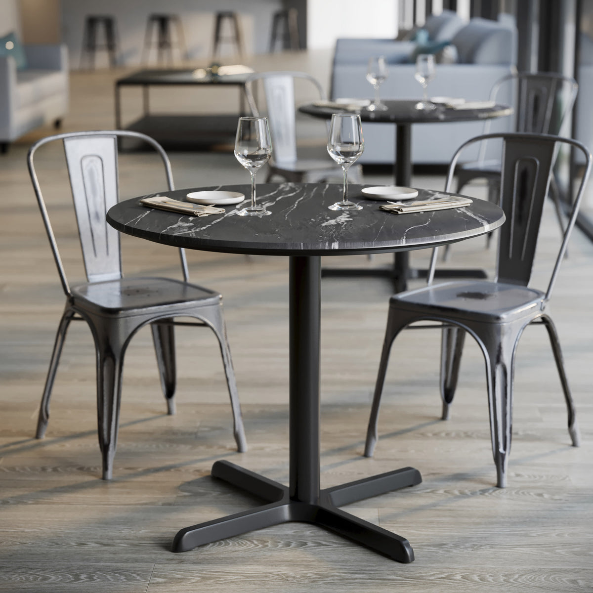 Black Faux Marble/Black Base |#| Commercial 36" Black Faux Marble HPL Tabletop - Black Table Height X Base