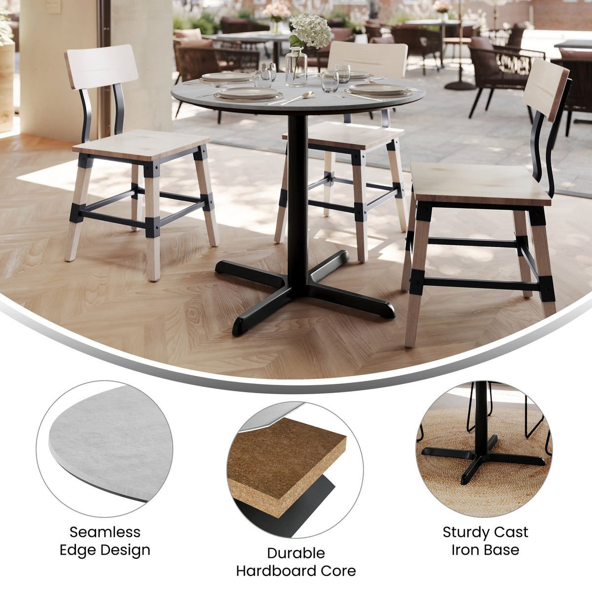 Gray Faux Concrete/Black Base |#| Commercial 31.5" Gray Faux Concrete HPL Tabletop - Black Table Height X Base
