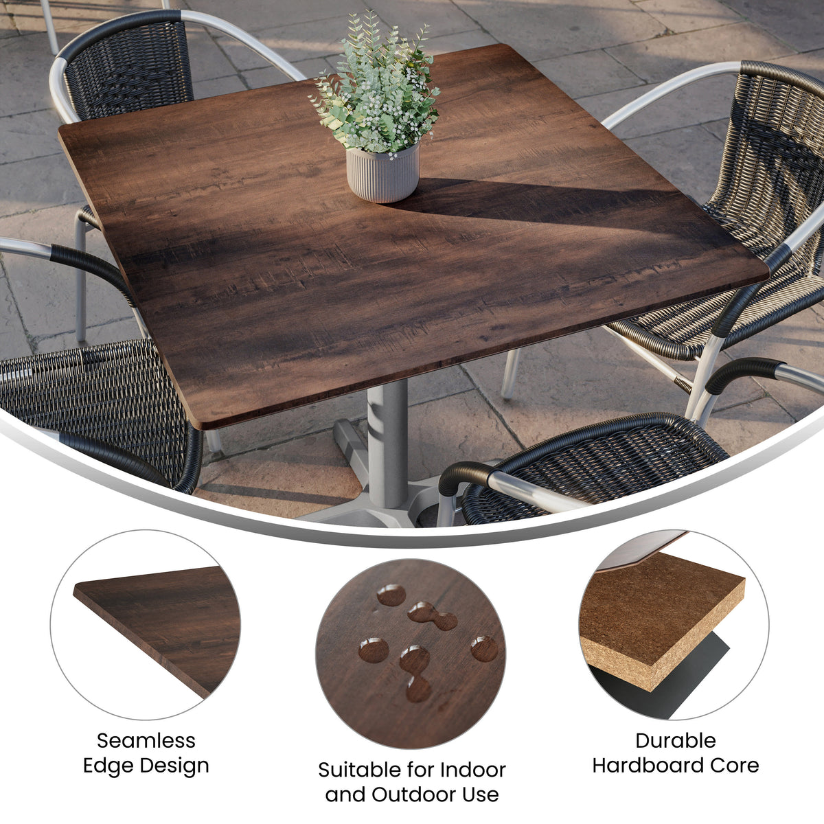 Dark Brown |#| Commercial 36" SQ HPL Wrapped Scratch and Stain Resistant Tabletop-Faux Concrete