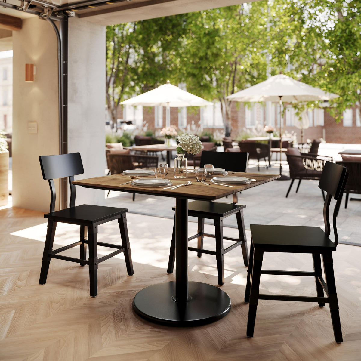 Natural/Black Base |#| Commercial 36" SQ Natural HPL Tabletop with Black Table Height RD Base