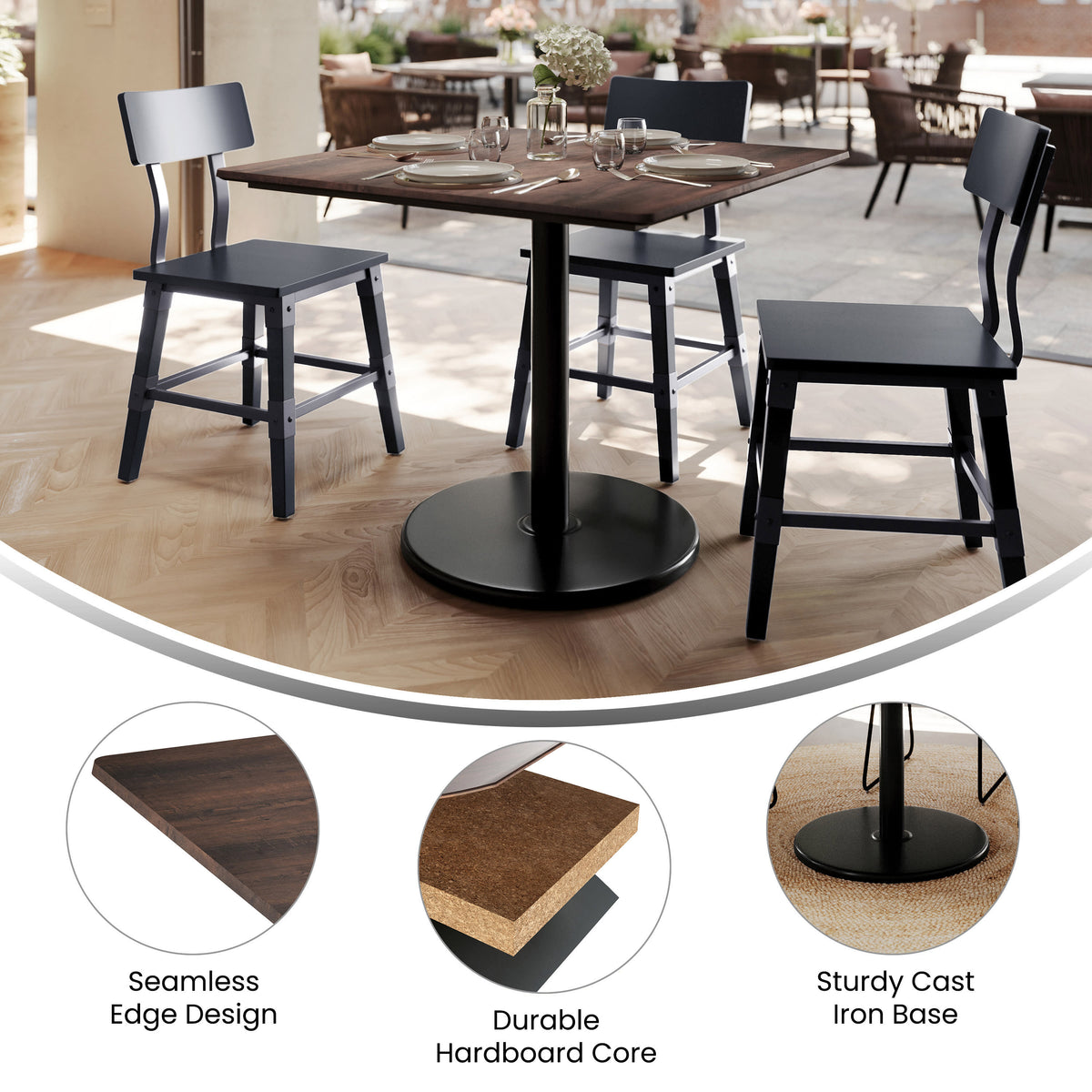 Dark Brown/Black Base |#| Commercial 36" SQ Dark Brown HPL Tabletop with Black Table Height RD Base