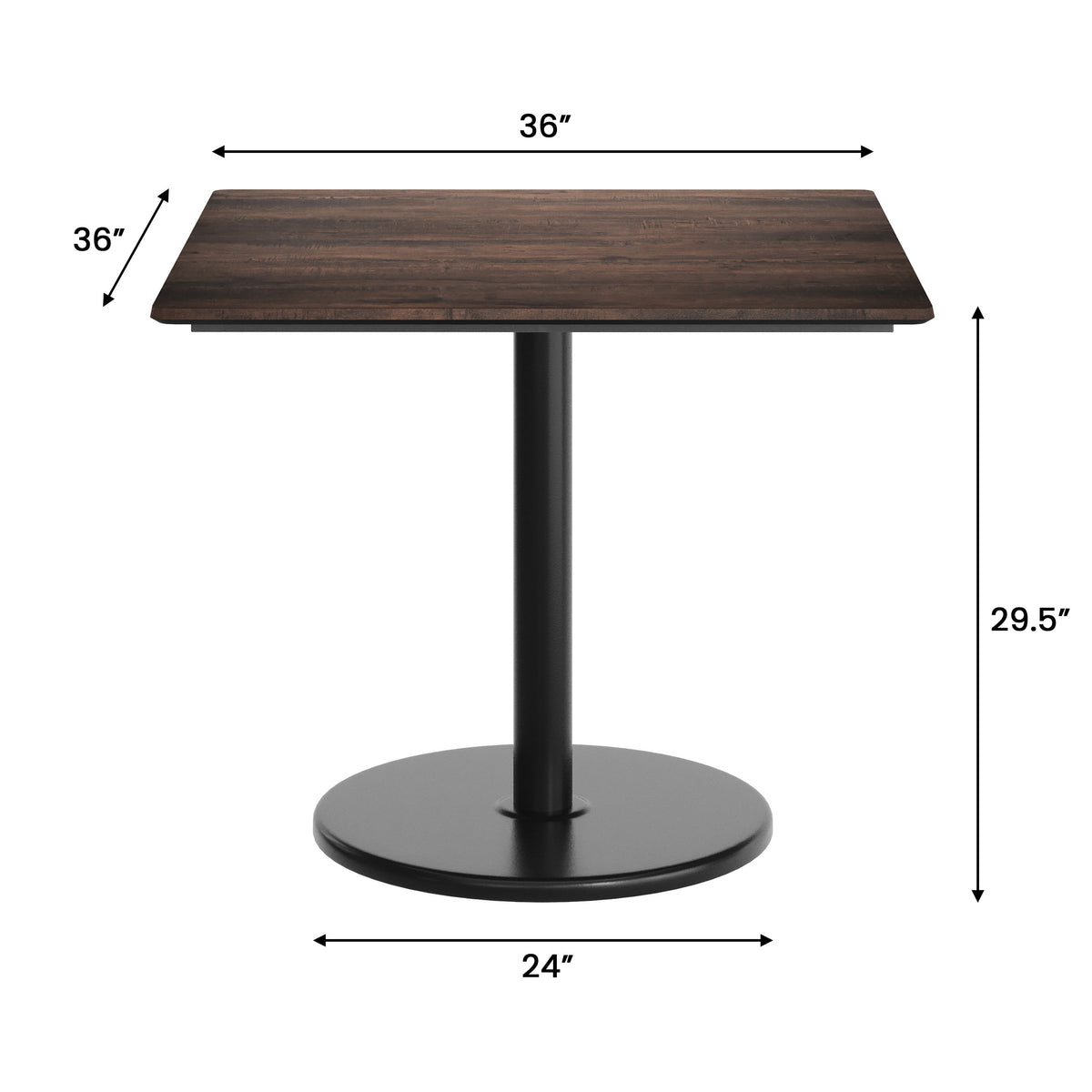 Dark Brown/Black Base |#| Commercial 36" SQ Dark Brown HPL Tabletop with Black Table Height RD Base
