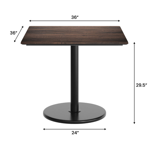 Dark Brown/Black Base |#| Commercial 36" SQ Dark Brown HPL Tabletop with Black Table Height RD Base