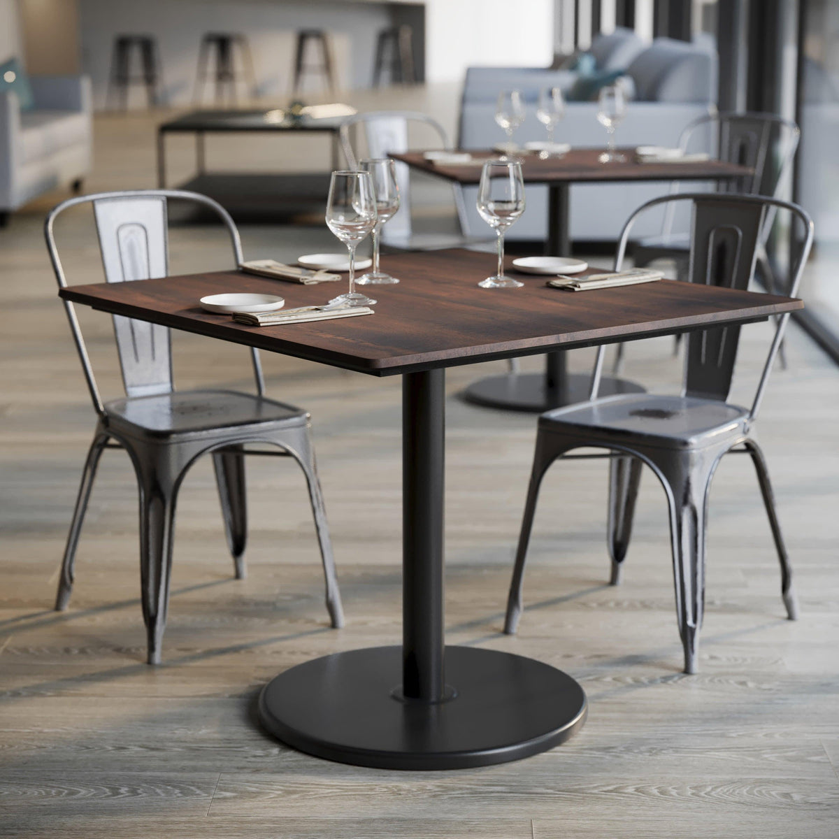 Dark Brown/Black Base |#| Commercial 36" SQ Dark Brown HPL Tabletop with Black Table Height RD Base