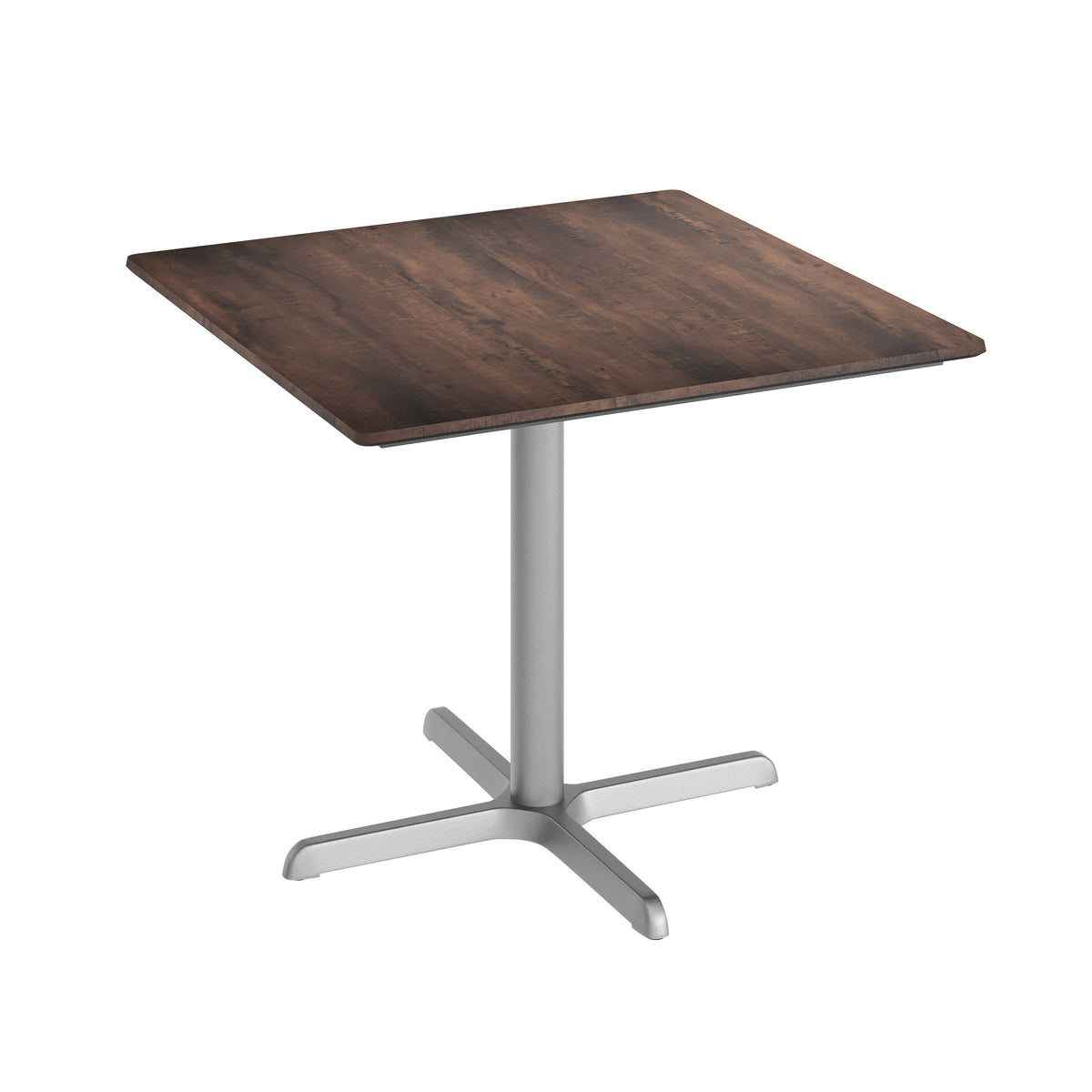 Dark Brown/Silver Base |#| Commercial All-Weather 36" Square Dark Brown HPL Tabletop-Silver X Base