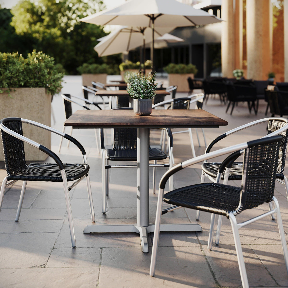 Dark Brown/Silver Base |#| Commercial All-Weather 36" Square Dark Brown HPL Tabletop-Silver X Base