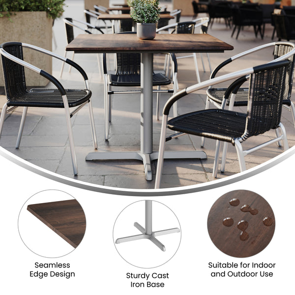 Dark Brown/Silver Base |#| Commercial All-Weather 36" Square Dark Brown HPL Tabletop-Silver X Base