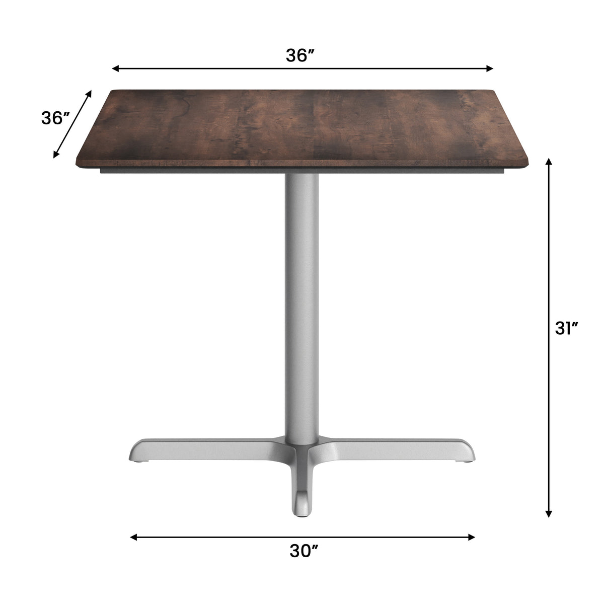 Dark Brown/Silver Base |#| Commercial All-Weather 36" Square Dark Brown HPL Tabletop-Silver X Base
