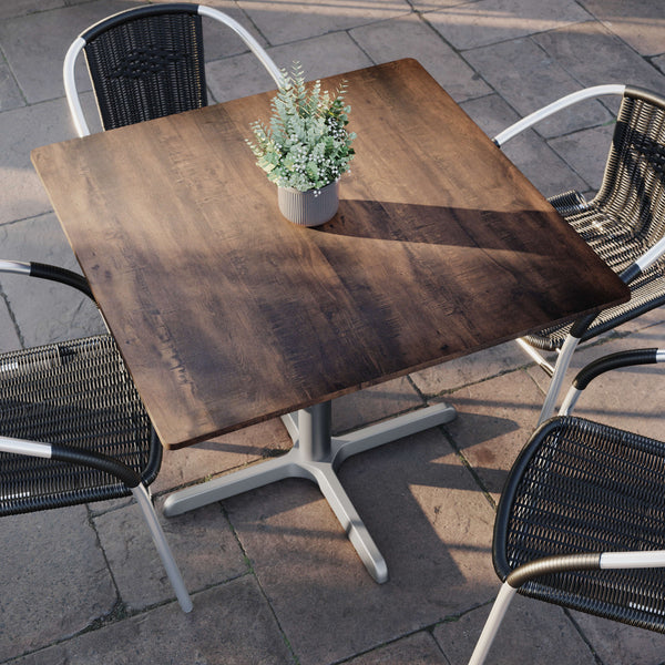 Dark Brown/Silver Base |#| Commercial All-Weather 36" Square Dark Brown HPL Tabletop-Silver X Base