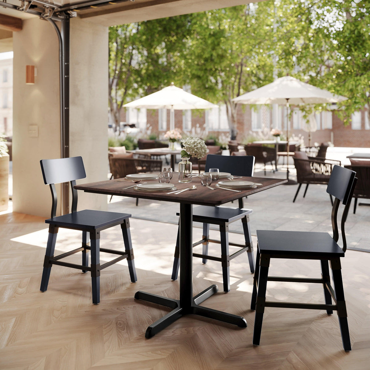 Dark Brown/Black Base |#| Commercial 36" Dark Brown HPL Tabletop with Black Table Height X Base