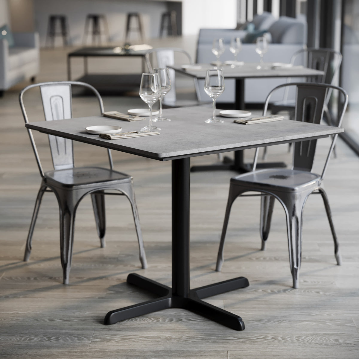 Gray Faux Concrete/Black Base |#| Commercial 36" Gray Faux Concrete HPL Tabletop - Black Table Height X Base